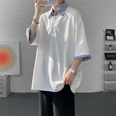 8XL-M假两件衬衫领短袖T恤大码夏季条纹拼接polo衫半袖DX1211/P45，男装T恤，电商B238