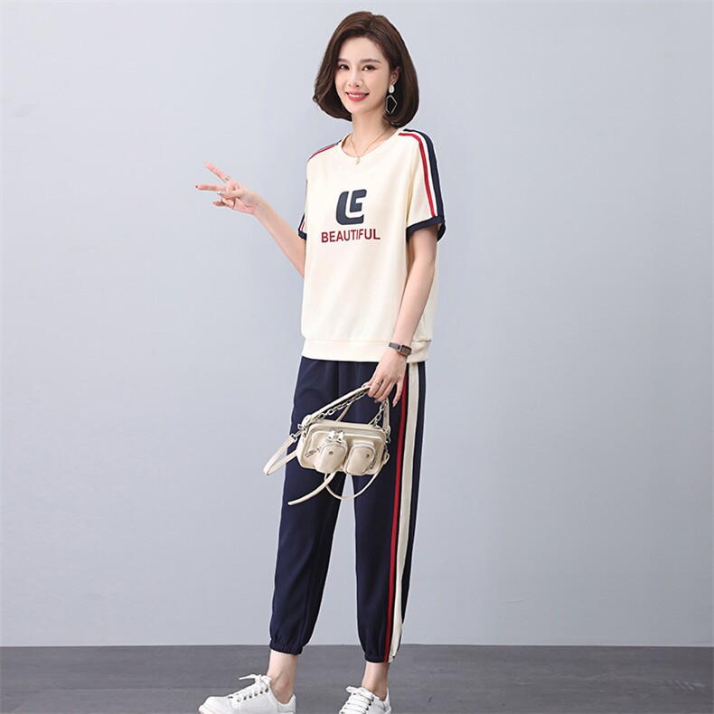 卫衣套装女2025夏季新款时尚休闲运动撞色中年妈妈短袖t恤两件套,女装套装/套裙,独衣靓