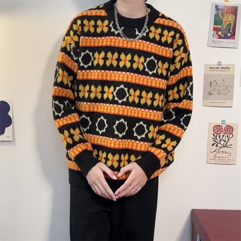 春秋新款日系条纹小花图案长袖针织衫bf宽松慵懒风情侣毛衣外套,男装针织衫/毛衣,星座1013