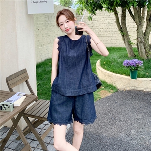 法式复古蕾丝花边牛仔背心短裤两件套女2025夏新款小个子显瘦套装图片