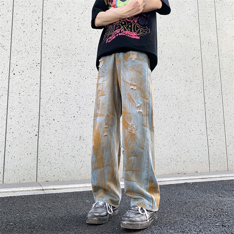 做旧设计牛仔裤高腰显瘦2024年休闲宽松阔腿裤男女裤子NZ1353-P50,男装牛仔裤,星座308B-2
