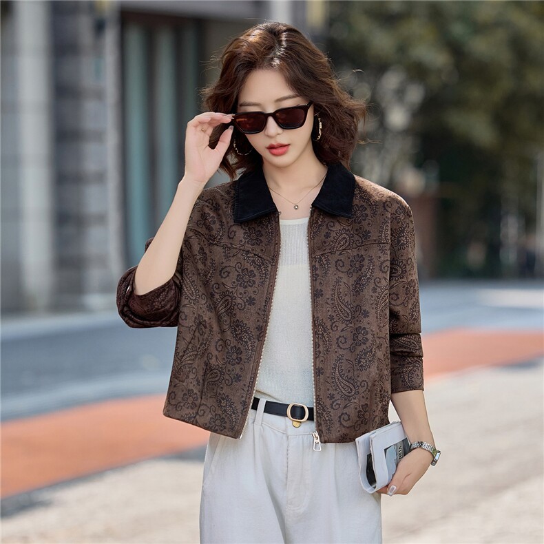 2025秋季新款时髦麂皮绒宽松休闲港风复古翻领潮流个性短外套，女装短外套，慕依路