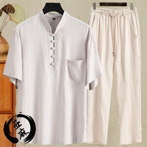 麻本白衣+藏青裤