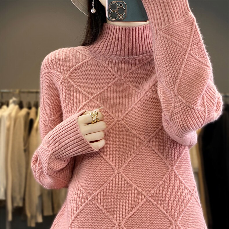 时尚百搭女士羊毛衫菱形方格纹高领毛衣显瘦保暖秋冬新款,女装羊毛衫,开创羊绒