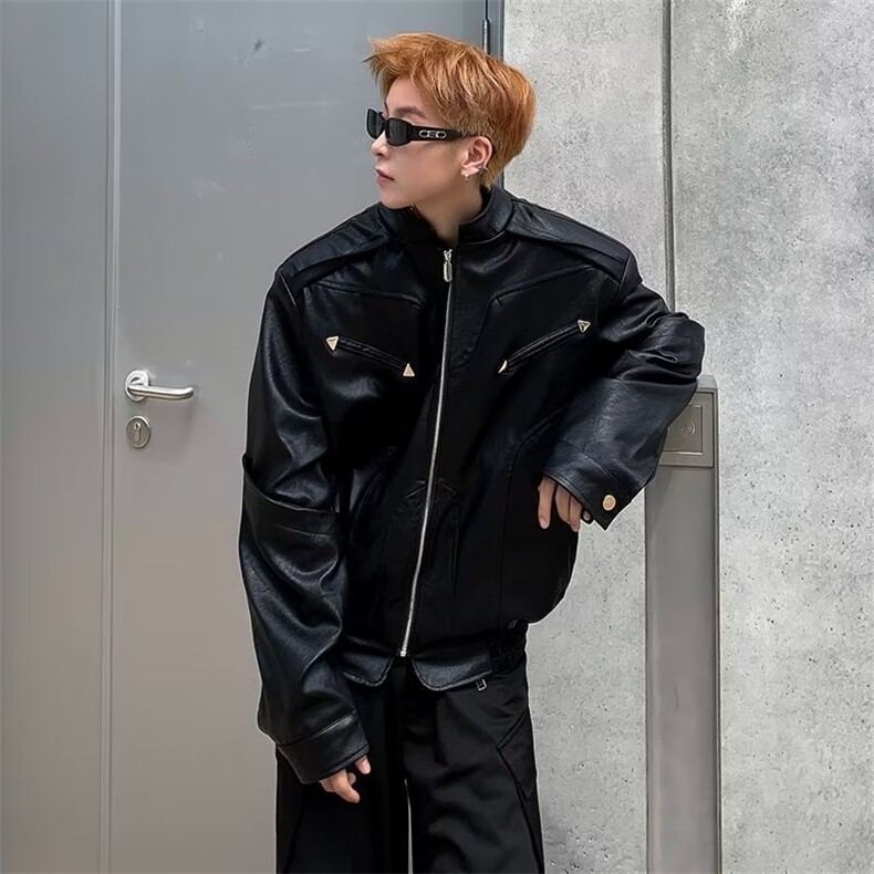 时尚高级感机车皮衣男士宽松小众设计感外套立体廓形潮牌PU皮夹克,男装夹克,星座410-7