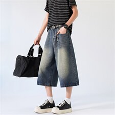 美式复古高腰宽松阔腿裤百搭垂感直筒七分裤牛仔裤K7007TP48，男装牛仔裤，电商D325