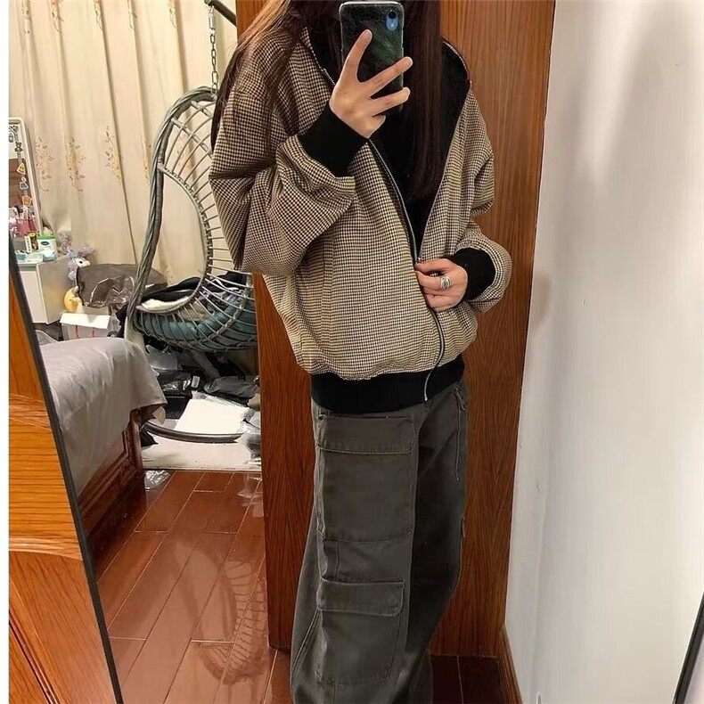 复古美式高街外套男女情侣秋冬款宽松慵懒风千鸟格夹克棒球服上衣图片