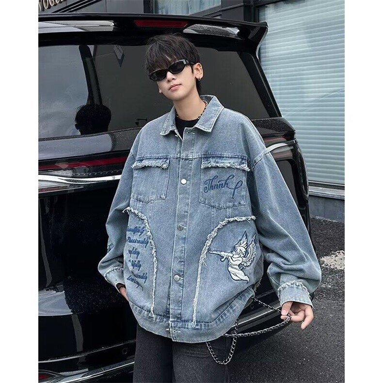 W351-P95潮牌美式刺绣毛边复古牛仔外套春秋宽松夹克上衣潮,男装工装外套,星座911-1