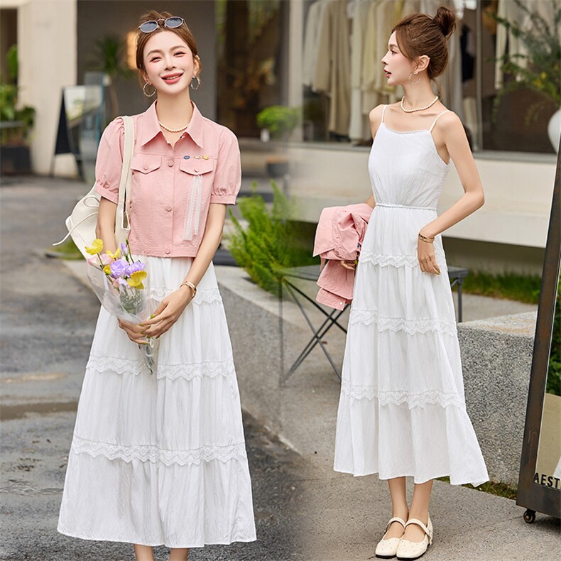 短袖牛仔两件套连衣裙女2025夏季新款外套搭配蕾丝吊带蛋糕裙套装,女装套装/套裙,依路服饰