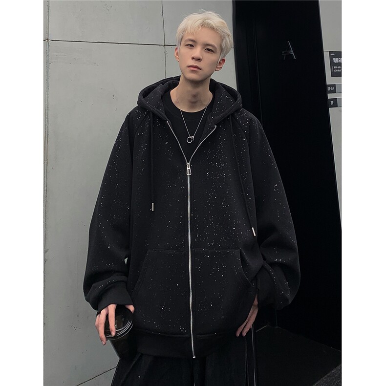 满天星开衫连帽黑色卫衣男女春秋季两片情侣拉链外套JK90-P78,女装短外套,电商C307A