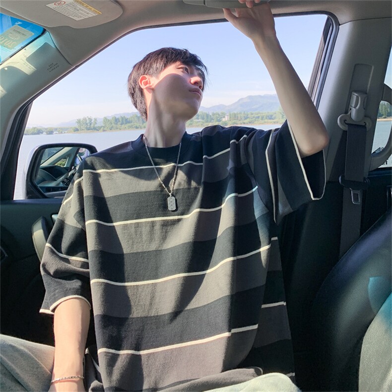 C453-P38日系复古宽松条纹短袖男夏季新款小众圆领百搭T恤现货，男装T恤，星座512-6