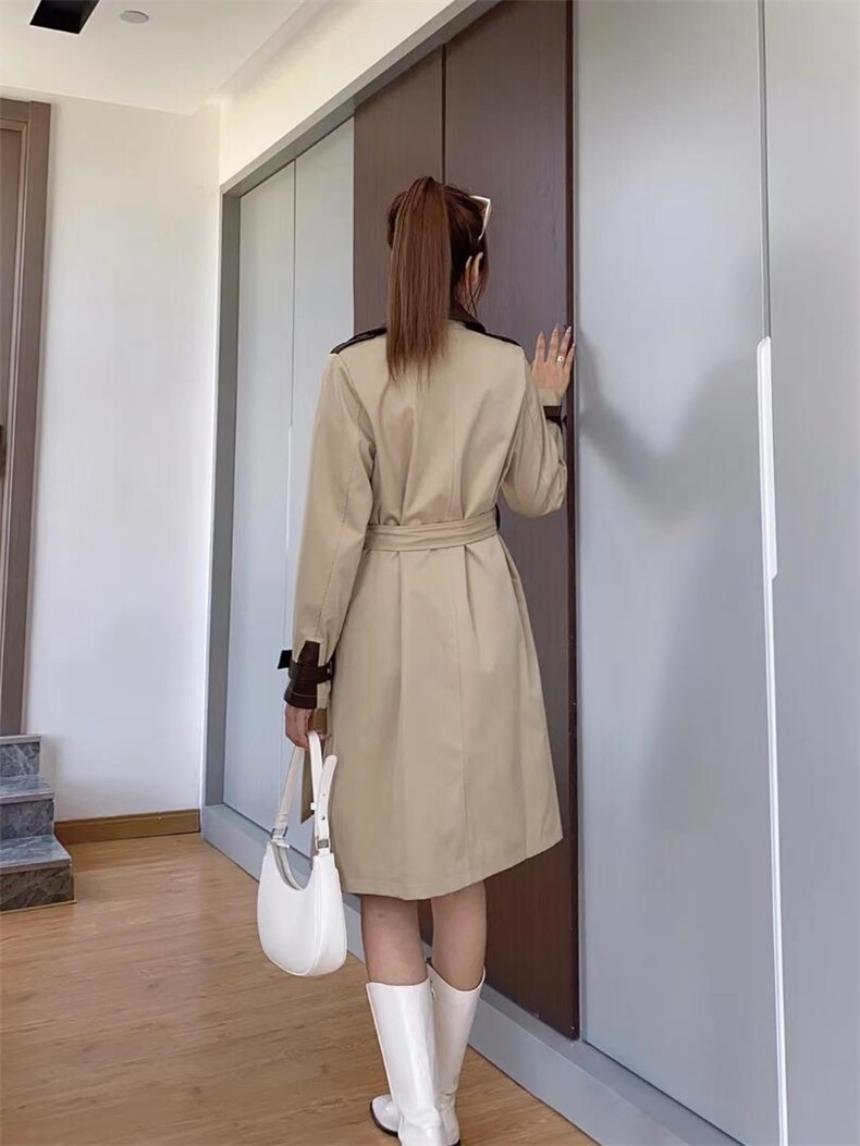 现货秋装新款拼皮风衣，女装风衣，艾涵o