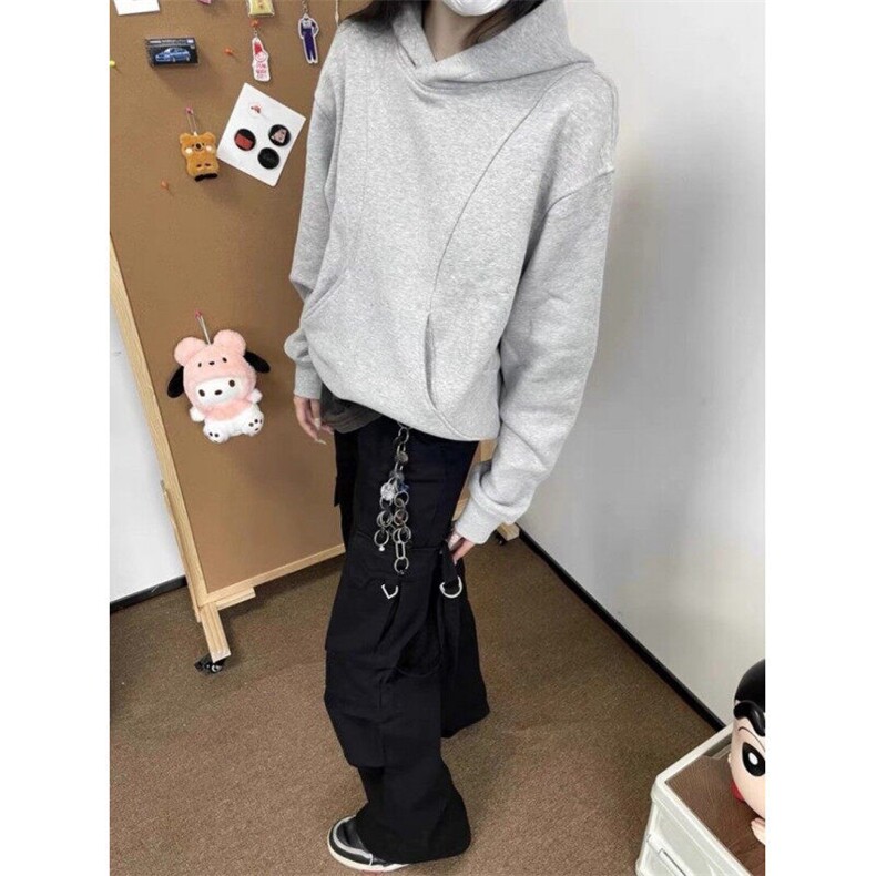 美式复古解构拼接cleanfit灰色连帽卫衣男女春秋高街boxy帽衫外套,男装卫衣,星座506A