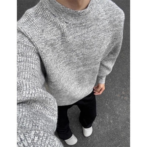 美式复古cleanfit灰色正肩毛衣男款冬季圆领套头内搭打底针织衫潮图片