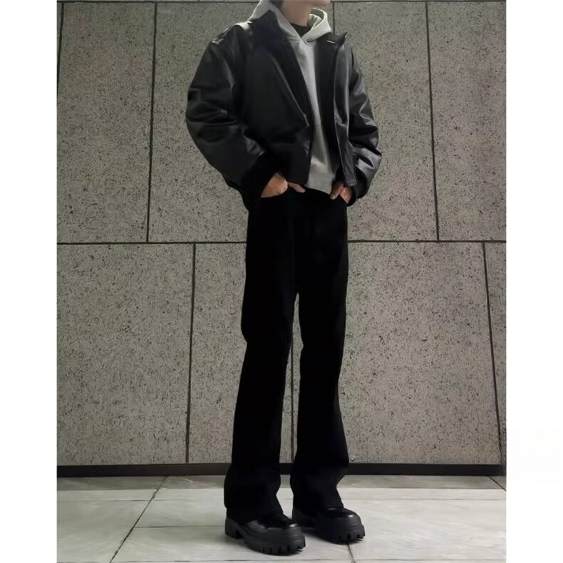 美式高街皮衣棉服cleanfit短宽廓形夹棉立领机车外套M0602-P90,男装皮衣,星座308B-2