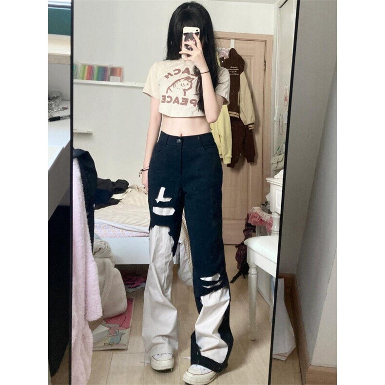 KN7026HH-特P47美式高街vibe撞色拼接牛仔裤男女小众设计感,男装牛仔裤,星座1007（原301D）