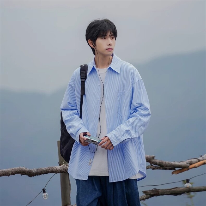 C20-P30现货男生穿搭蓝色条纹衬衫男痞帅长袖衬衣早秋,男装衬衫,星座215-1