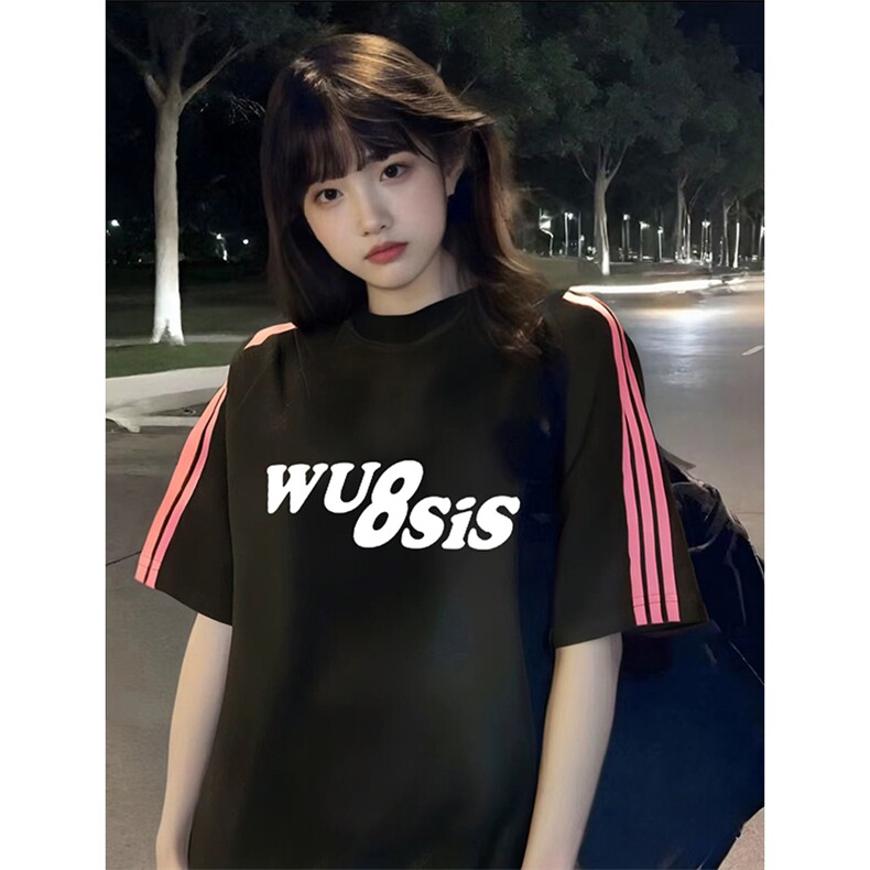 抖音得物品质二开240克宽松纯棉美式潮牌印花三条杠中性风短袖T恤,男装T恤,电商A486