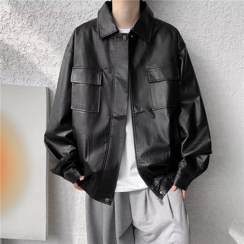美式复古棕色PU皮立领飞行员外套男女宽松休闲百搭M50-P70,男装夹克,星座1109-3