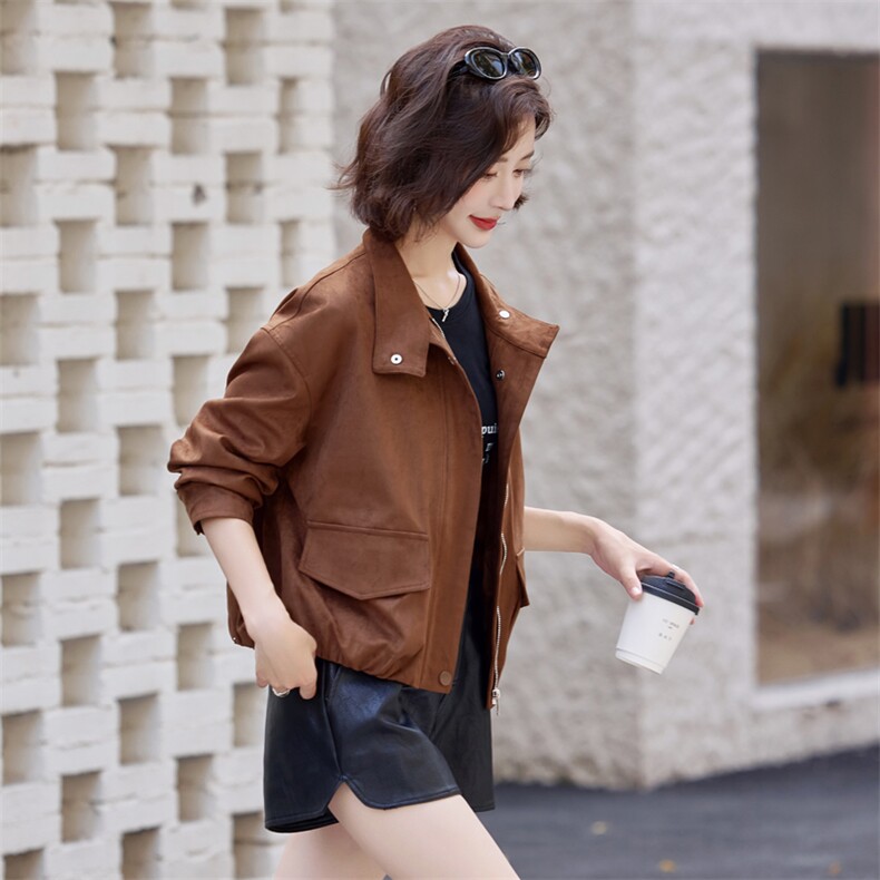 咖色鹿皮绒短外套女2025秋季新款韩版时尚机车服休闲工装夹克上衣,女装短外套,意芙
