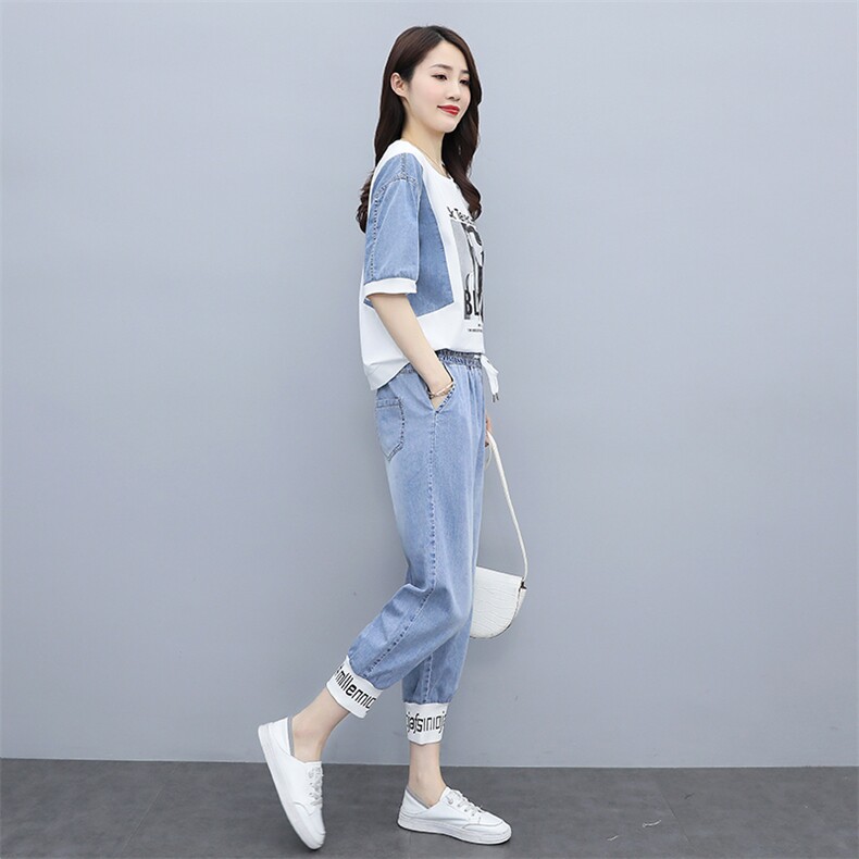 冰丝牛仔套装女2024夏季新款洋气减龄薄款遮肉显瘦休闲运动两件套,女装套装/套裙,靓星雨