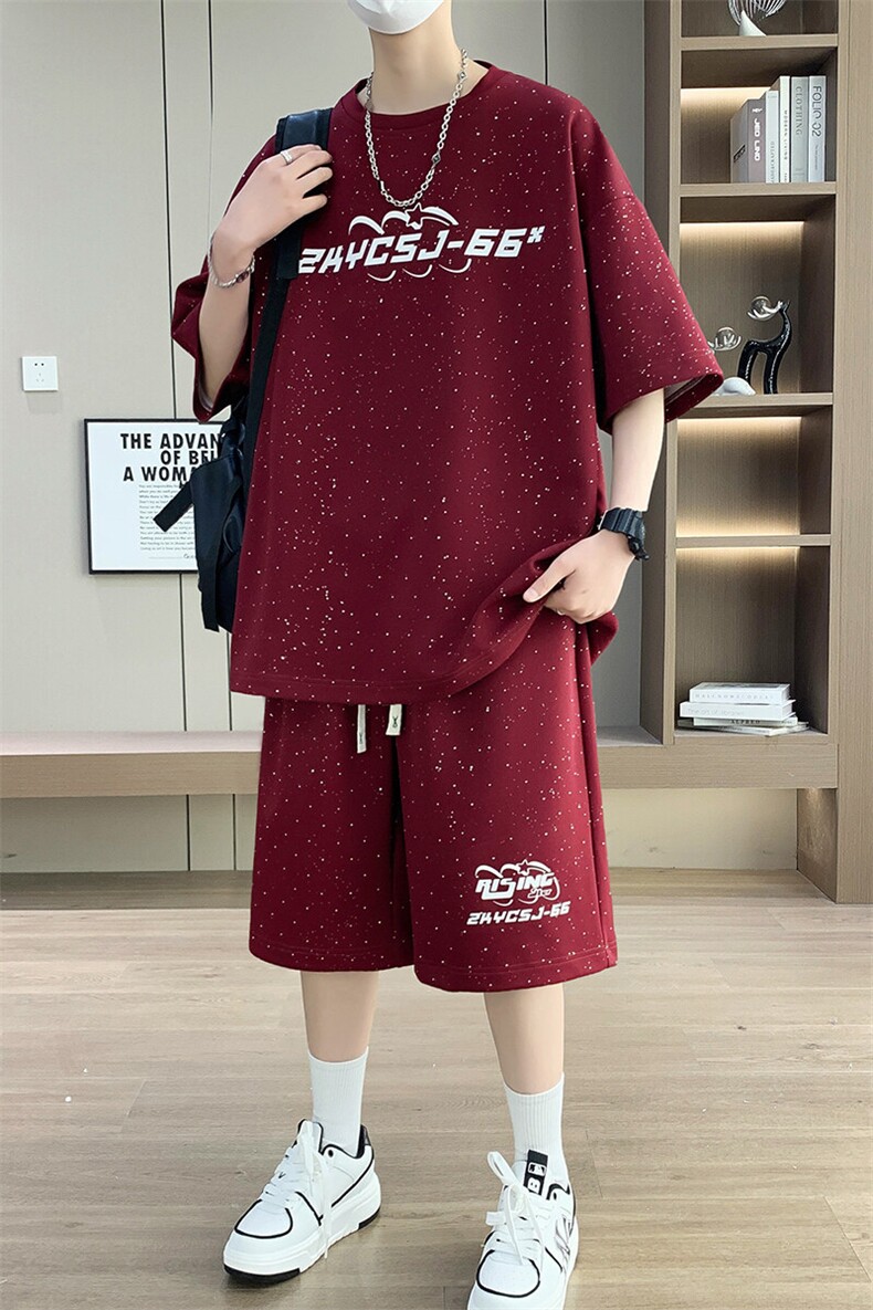 港风套装男宽松菠萝格满天星圆领短袖T恤短裤痞帅套装TZ6628-P50,男装休闲套装,星座310B-3