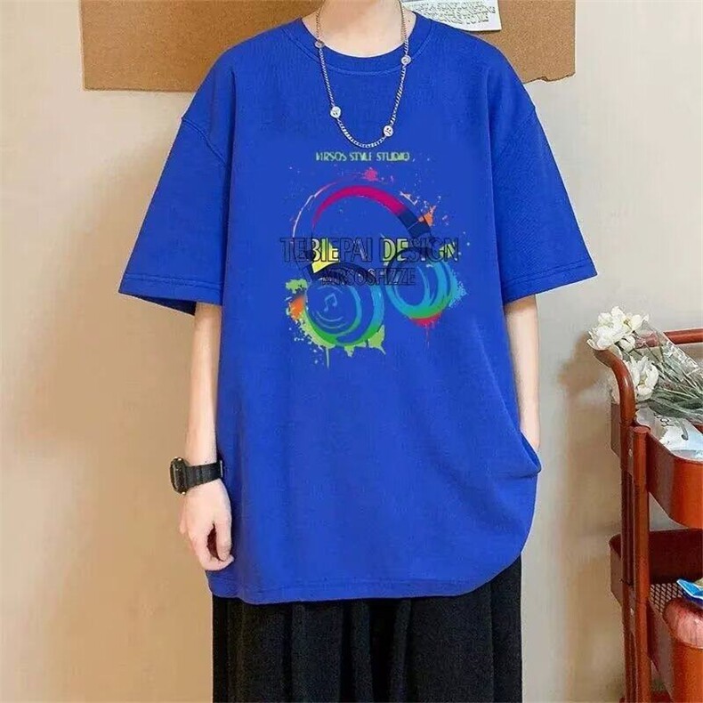 日系藏青色短袖t恤男款夏季涂鸦印花纯棉重磅宽松ins潮牌半袖,男装T恤,星座218-1（原230）