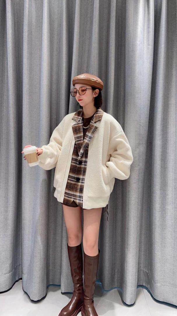 格子西装领搭配定制皮毛一体的面料拼接皮毛一体中的绝绝子，女装西装，姚姚家