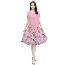 2023夏季新款时尚圆领气质优雅舒适印花雪纺两件套，女装套装/套裙，牡丹诺