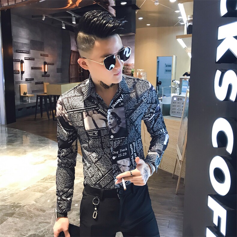 312A-807-P50秋季个性修身报纸印花长袖衬衫夜店发型师衬衣,男装衬衫,星座312A-5