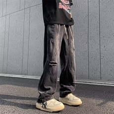 破洞牛仔裤男美式高街复古水洗做旧牛仔长裤痞帅直筒裤子N902-P50，男装牛仔裤，星座1001-1