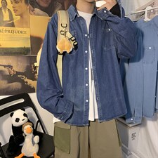 日系牛仔衬衫男潮流休闲宽松百搭ins潮牌简约长袖衬衣W1206-P45，男装衬衫，星座512-4