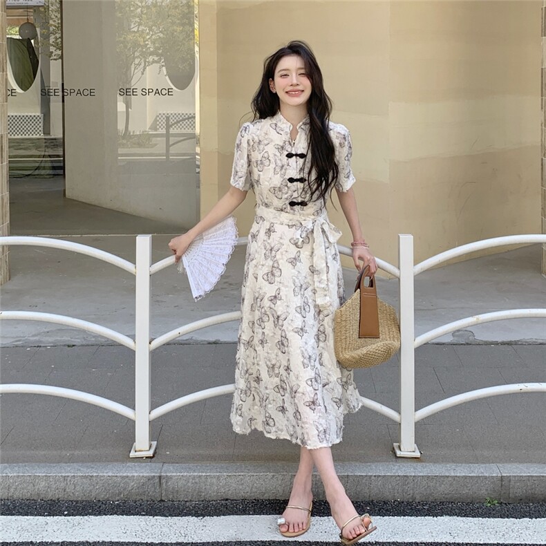 新中式国风蝴蝶印花改良旗袍连衣裙女夏季新款气质收腰显瘦长裙子图片
