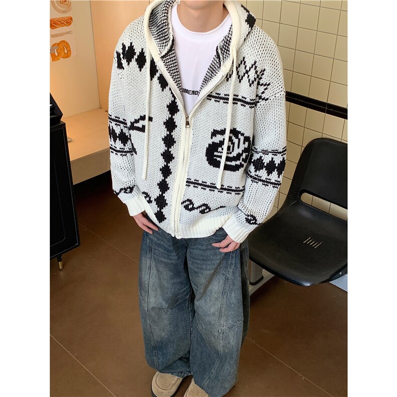 费尔岛毛衣开衫男款秋冬季慵懒高级感连帽针织衫cleanfit情侣外套，男装针织衫/毛衣，电商D256