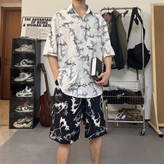 衬衫套装男夏季休闲印花泼墨撞色翻领短袖短裤两件套TZ103-P43，男装衬衫，电商A178