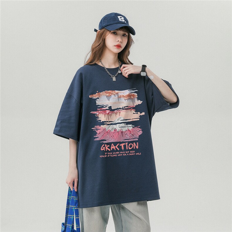 中性风23新款夏季油画复古印花圆领时尚百搭短袖T恤T1143P25控38,男装T恤,A247A