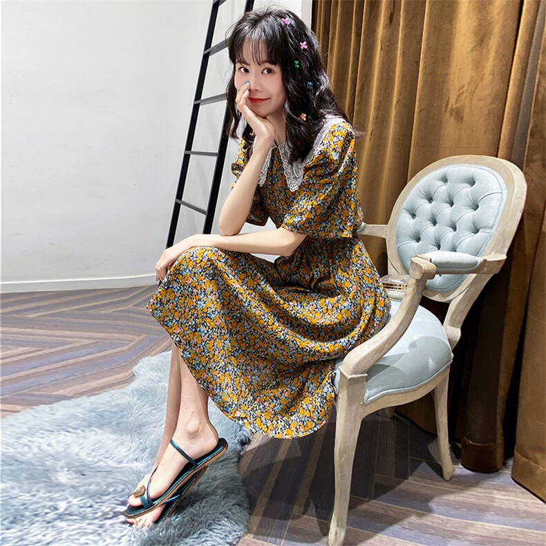 现货已出不断货2021夏装新款碎花裙166-QZ03黄色图片