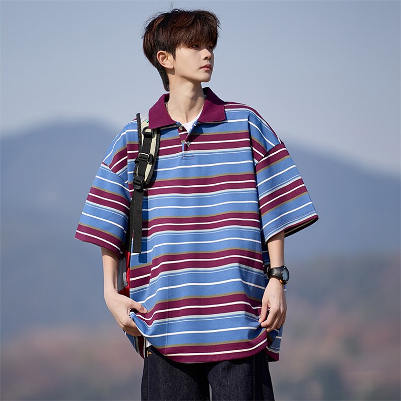 美式条纹短袖polo衫男大码M-5XL翻领短袖T恤男225-2-8802-P45，男装T恤，星座225-2