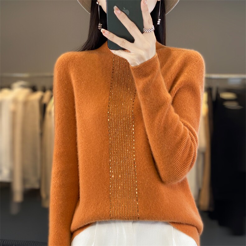 半高领女士秋季新款简约百搭羊毛衫一线成衣竖条烫钻,女装羊毛衫,暖娇绒
