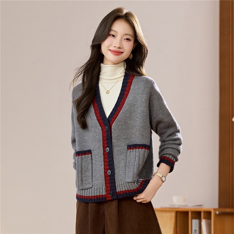 加厚撞色针织开衫女2025秋冬新款学院风时尚减龄宽松v领毛衣外套，女装羊毛衫，艾米