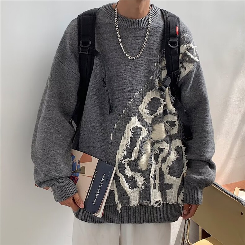 7116-P42破洞毛衣男款冬季设计感小众潮牌外套秋冬款慵懒高级感,男装T恤,电商B323A