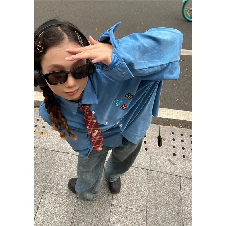 7023-P40潮流复古港风领带衬衫男女潮牌小众设计感休闲宽松长袖,男装衬衫,电商B323A