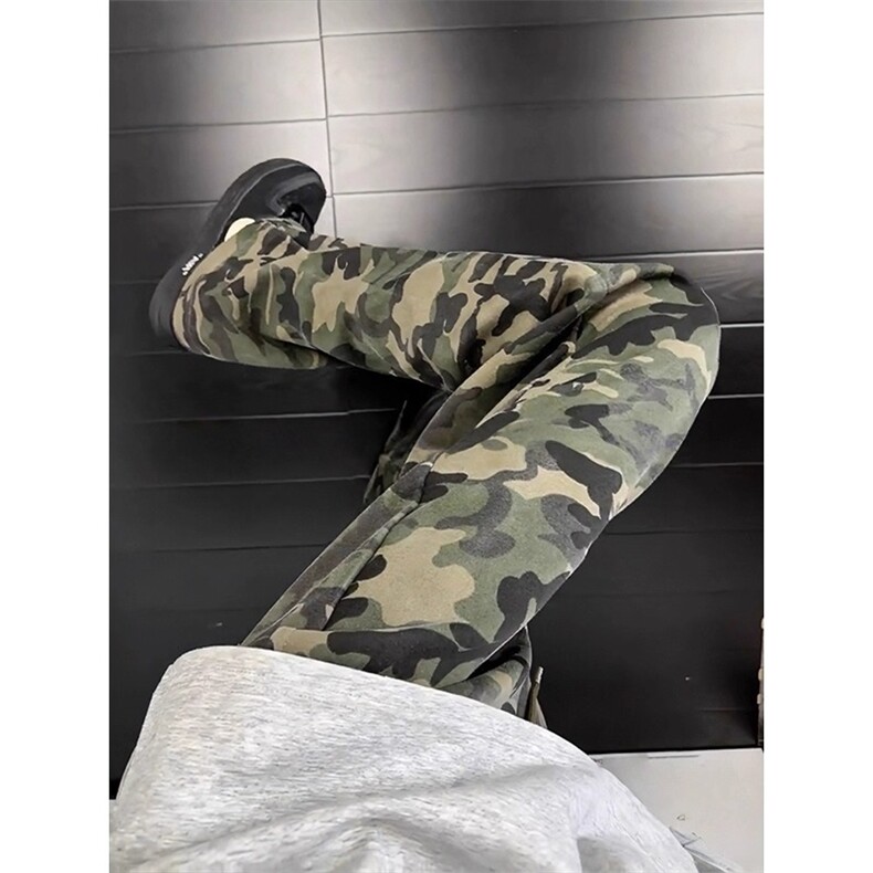 美式复古迷彩卫裤男秋季弯刀直筒裤高级感微喇运动裤LZY3822-P39,男装休闲裤,星座1008