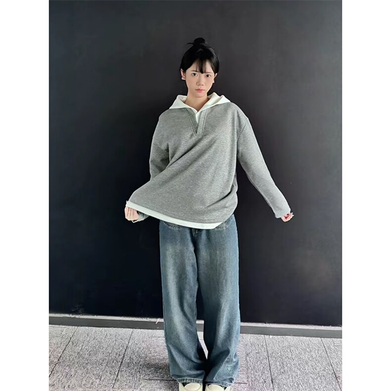【网图】假两件连帽纽扣卫衣日系休闲宽松ins风潮牌外套HY709TP48,女装短外套,电商A102B