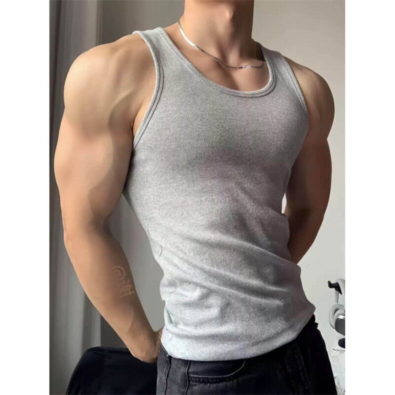 灰色重磅螺纹肌肉背心男款夏季健身运动跨栏无袖T恤健身显大汗衫,男装背心/马甲,星座1005-6
