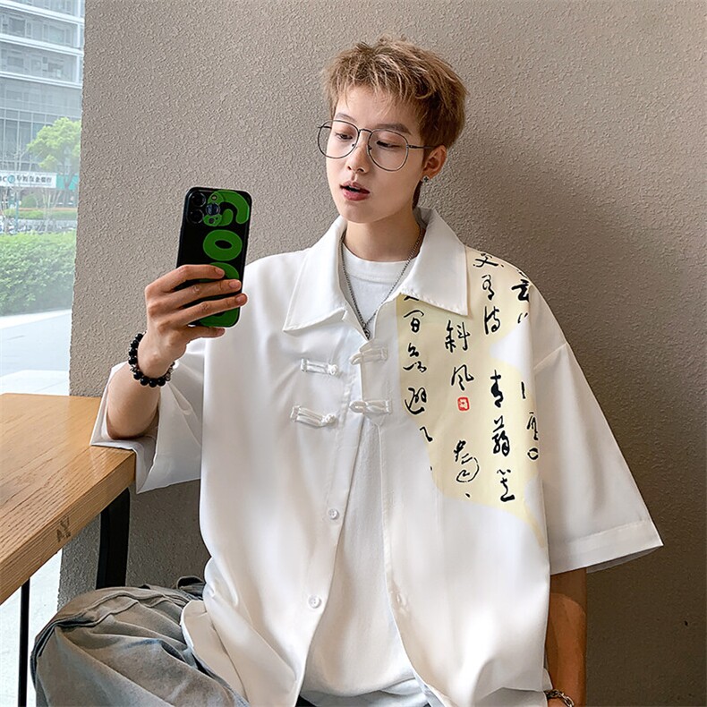 2026夏装潮男新中式印花盘扣短袖五分袖衬衫 CS980/特P35 白色2图片