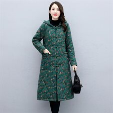 2023冬季新款时尚优雅加绒加厚保暖舒适中长款印花连帽棉衣，女装棉衣/棉服，倪叶myz