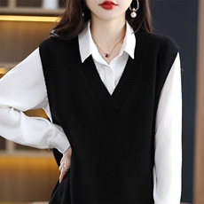 马甲女针织背心春秋小香风韩版中长款宽松大v领坎肩百搭毛衣1，女装马甲，唯若美羊绒