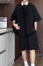 TZ52932/P65西服领短袖衬衣裤子套装男潮夏季肌理感西装领两件套，男装西服，电商A141