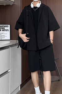 TZ52932/P65西服领短袖衬衣裤子套装男潮夏季肌理感西装领两件套图片